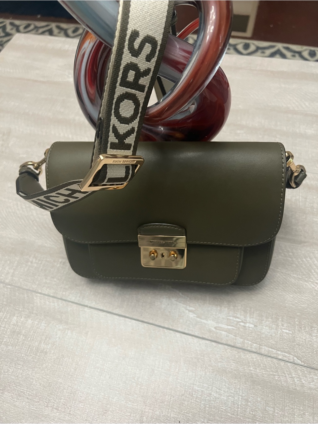 Michael Kors Olive Green Leather Crossbody With Branded Strap